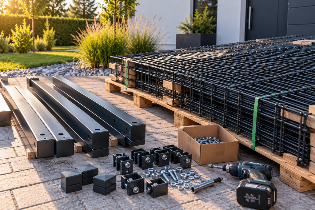 Zaunmatten, Metallpfosten und Befestigungsmaterial auf Paletten für die Zaunmontage